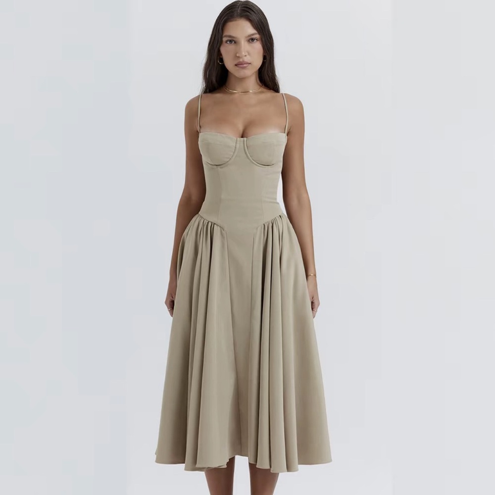 Chic Tan Midi Dress with Spaghetti Straps